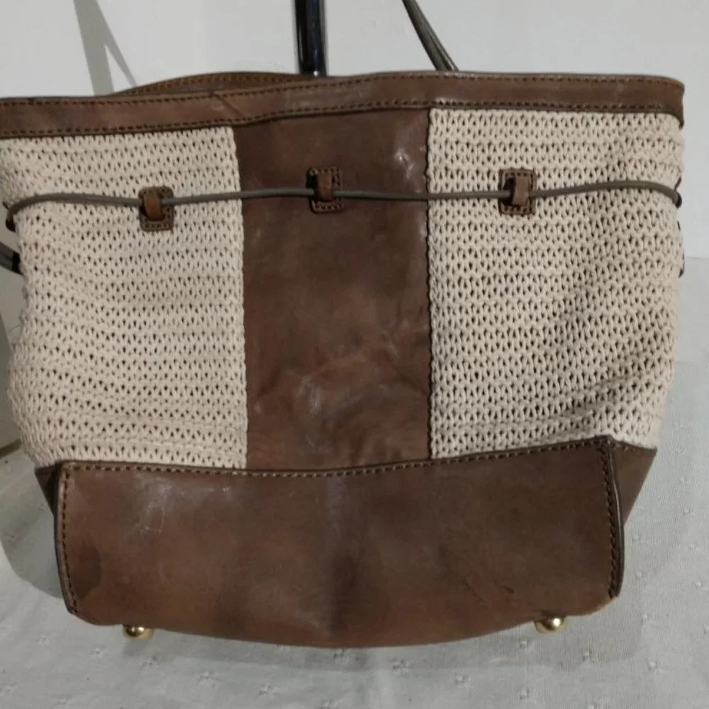 Weaved brown/off white boho bucket Nanette Lepore handbag